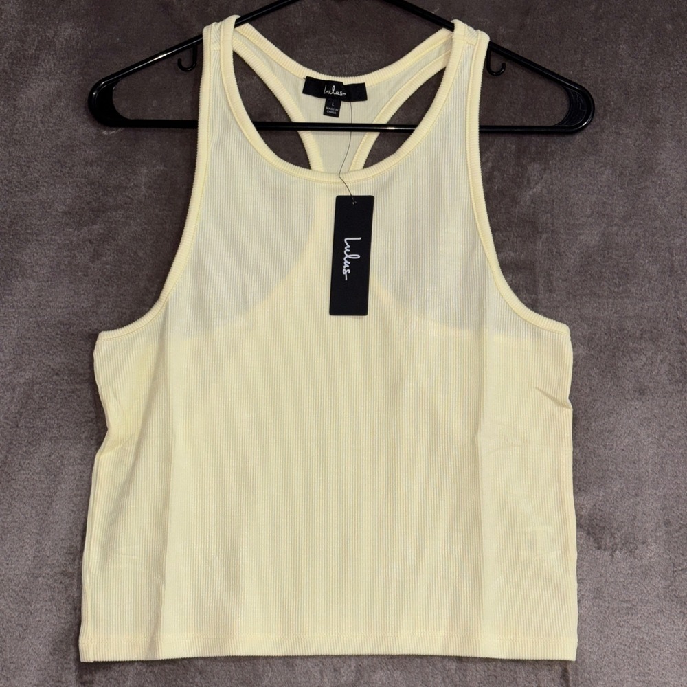 Lulus Pale Yellow Ribbed Racerback Tank Top Sleeveless Crew Neck NWT Size L